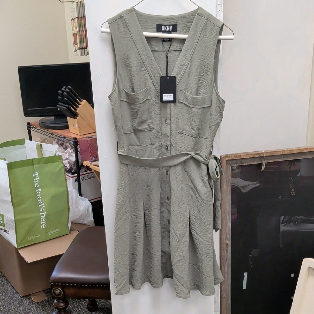 DKNY Sage Green Button-Down Mini Dress
